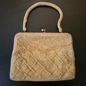 Vintage Cocktail Beaded Mini Handbag Clutch Purse Yellow Gold Kiss Lock Formal